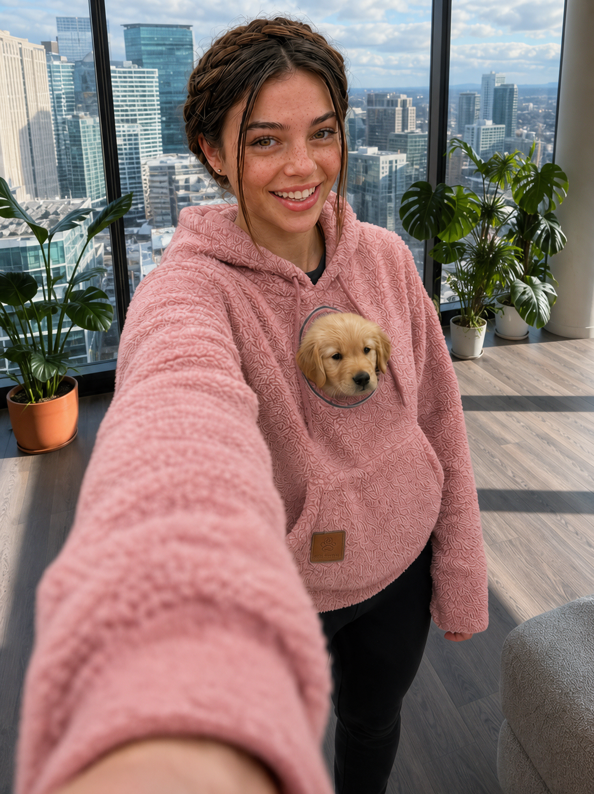Cozy Hoodie - pink with puppy on the go