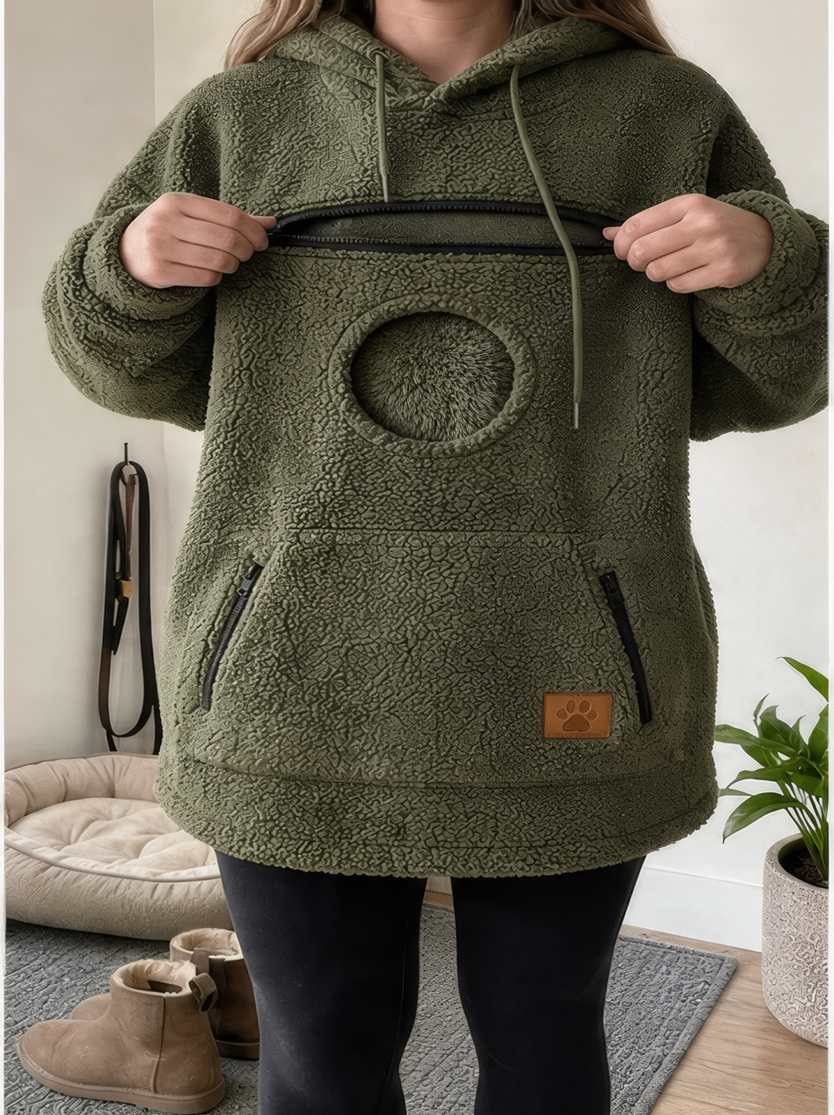 Cozy Hoodie - unzipping the chest pouch